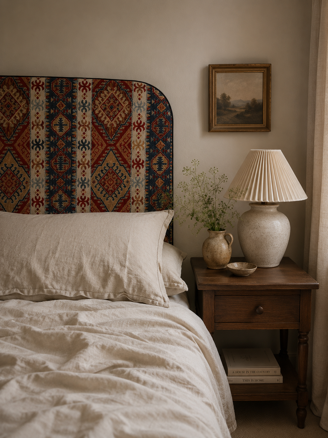 Bedroom with patterned headboard, nightstand, and lamp.